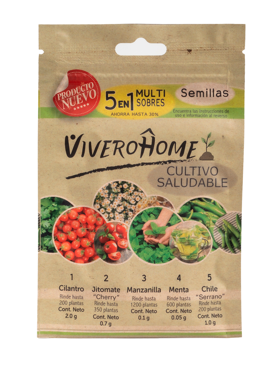 Multisobre 5 en 1 (Cilantro, Jitomate Cherry, Manzanilla, Menta, Chile serrano)